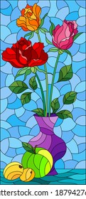 Illustration in stained glass style with bouquets of roses in a purple vase and fruits on table on a blue background