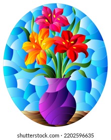 Illustration in stained glass style with bouquets of bright lily flowers in a yellow  jug on a  table on blue background, oval image 