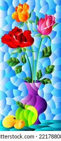 Illustration in stained glass style with bouquets of roses in a purple vase and fruits on table on a blue background