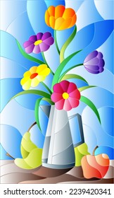 Illustration in stained glass style with bouquets of bright flowers in a metal jug, pears and apples on table on blue background