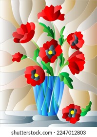 Illustration in stained glass style with bouquets of red poppies flowers in a blue vase on table on a brown background