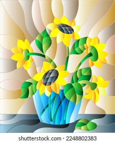 Illustration in stained glass style with bouquets of sunflowers in a blue vase on table on beige background