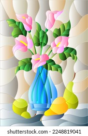 Illustration in stained glass style with bouquets of pink Calla lilies flowers in a blue vase and pears on table on beige background