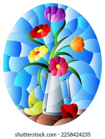 Illustration in stained glass style with bouquets of bright flowers in a metal jug, pears and apples on table on blue background, oval image