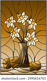 Ilustración en estilo vitral con ramos de flores de Narciso en un jarrón azul y manzanas en la mesa, tono marrón