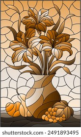 Ilustración en estilo vitral con ramos de flores de lirio en una jarra, pera, uva y manzana en la mesa, tono marrón