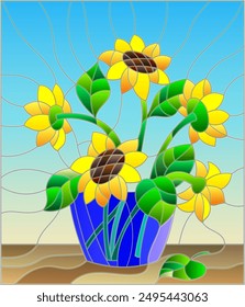 Ilustración en estilo vitral con ramos de girasoles en un jarrón azul sobre una mesa sobre un fondo azul