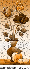 Illustration in stained glass style with bouquets of roses in a vase and fruits on table on a sky background, tone brown