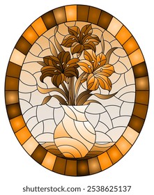 Ilustração em estilo vitral com buquês de flores lírio em um jarro em uma mesa , imagem oval em quadro brilhante, tom marrom