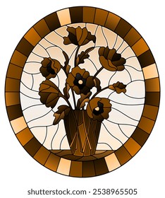 Illustration in stained glass style with bouquets of poppies flowers in a vase on table on a , round image in frame, tone brown