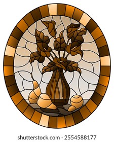 Illustration in stained glass style with bouquets of red Calla lilies flowers in a purple vase and pears on table ,oval image in frame, tone brown