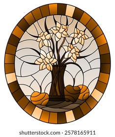 Illustration in stained glass style with bouquets of Narcissus flowers in a vase and apples on table, oval image in frame, tone brown