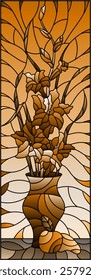 Illustration in stained glass style with bouquets of gladioli in a vase and fruits on table , tone brown