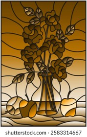 Illustration in stained glass style with bouquets of roses flowers in a vase and apples on table, tone brown