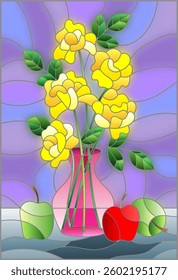 Illustration in stained glass style with bouquets of yellow roses flowers in a pink vase and apples on table on purple background