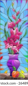 Ilustração em estilo de vidro manchado com buquês de gladioli em um vaso roxo e frutas na mesa em um fundo azul