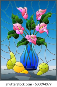 Illustration in stained glass style with bouquets of pink Calla lilies flowers in a blue vase and pears on table on blue background