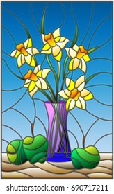 Illustration in stained glass style with bouquets of Narcissus flowers in a blue vase and apples on table on blue background