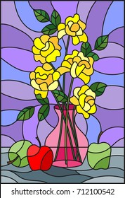 Illustration in stained glass style with bouquets of yellow roses flowers in a pink vase and apples on table on purple background