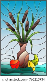 Illustration in stained glass style with bouquets of bulrush  in a brown vase , pears and apples on table on blue background