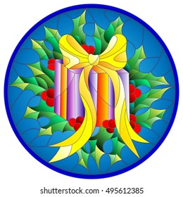Illustration in stained glass style with a box with a gift, ribbon and Holly branches  on a blue background, round picture frame