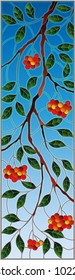 Illustration in stained glass style with a branch of mountain ash, clusters of berries and leaves against the sky, vertical image