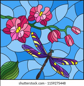 Illustration in stained glass style with a branch of pink  Orchid and orange bright dragonfly on a blue background