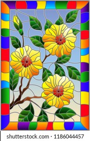 Illustration in stained glass style with a branch of a flowering plant with yellow flowers on a blue background in a bright frame,rectangular image