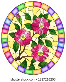Illustration in stained glass style with a branch of a flowering plant with pink flowers on a yellow background in a bright frame, oval image