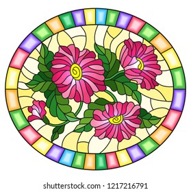 Illustration in stained glass style with a branch of a flowering plant with pink  flowers on a yellow background in a bright frame, oval image