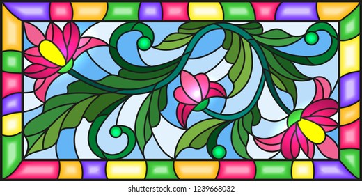 Illustration in stained glass style with a branch of a flowering plant with pink flowers on a yellow background in a bright frame,rectangular image