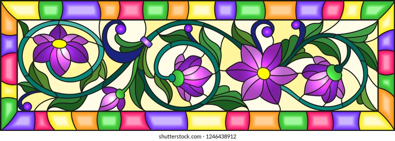 Illustration in stained glass style with a branch of a flowering plant with purple flowers on a yellow background in a bright frame,rectangular image