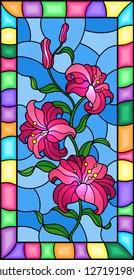 Illustration in stained glass style with a branch of pink  lilies on a blue  background, vertical image in bright frame