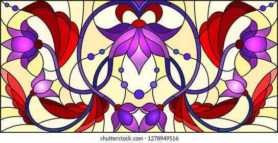 Illustration in stained glass style with a branch of a flowering plant with purple flowers on a yellow background 