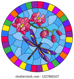 Illustration in stained glass style with a branch of pink Orchid and bright dragonfly on a blue background, round image in bright frame