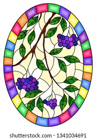 Illustration in stained glass style with a branch of black chokeberry, clusters of berries and leaves against ,oval image,in bright frame