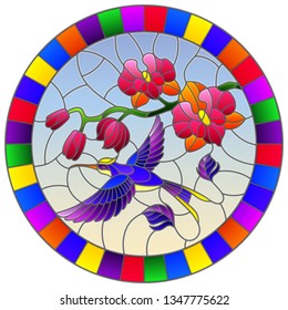 Illustration in stained glass style with a branch of pink  Orchid and bright Hummingbird on a sky background, round image in bright frame