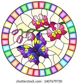 Illustration in stained glass style with a branch of pink Orchid and bright purple butterfly on a yellow background, round image in bright frame