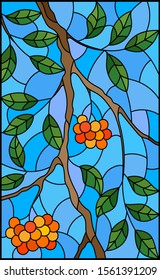 Illustration in stained glass style with a branch of mountain ash, clusters of berries and leaves against the sky