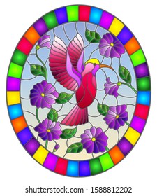 Illustration in stained glass style with a branch of purple flowers and bright pink bird Hummingbird on a blue background, round image in bright frame