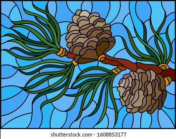 Illustration in stained glass style with a branch of larch, cones and needles on a branch on a blue background