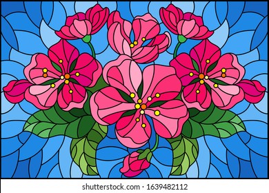 Illustration in stained glass style with a branch of cherry blossoms, flowers, buds and leaves on a blue background