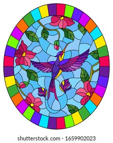 Illustration in stained glass style with a branch of pink flowers and bright purple bird Hummingbird on a blue background, round image in bright frame