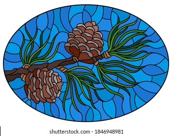 Illustration in stained glass style with a branch of larch, cones and needles on a branch on a blue background, oval image