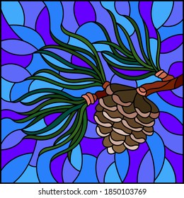 Illustration in stained glass style with a branch of larch, cone and needles on a branch on a blue background, square image