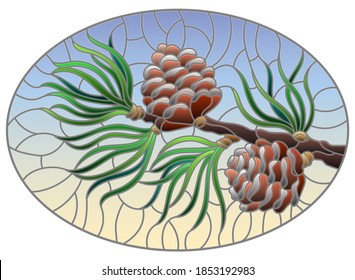 Illustration in stained glass style with a branch of larch, cones and needles on a branch on a blue background, oval image