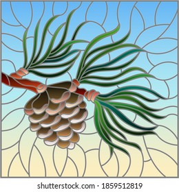 Illustration in stained glass style with a branch of larch, cone and needles on a branch on a blue background, square image