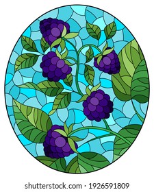 Illustration in stained glass style with a branch of ripe blackberry on a blue sky background, oval image 