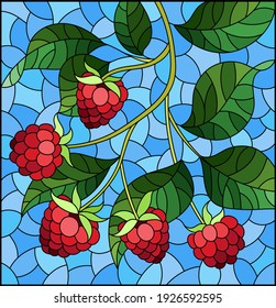 Illustration in stained glass style with a branch of ripe raspberries on a blue sky background