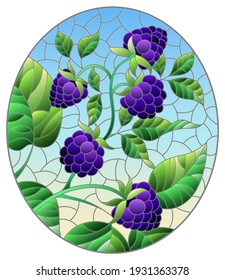 Illustration in stained glass style with a branch of ripe blackberry on a blue sky background, oval image 